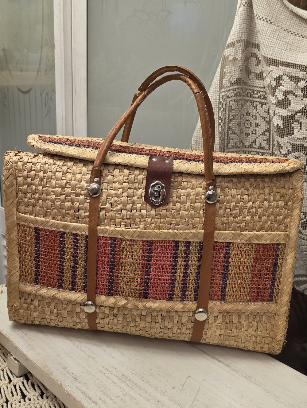Vintage Woven Straw Raffia Beach Bag Striped Boho Suitcase Basket Purse